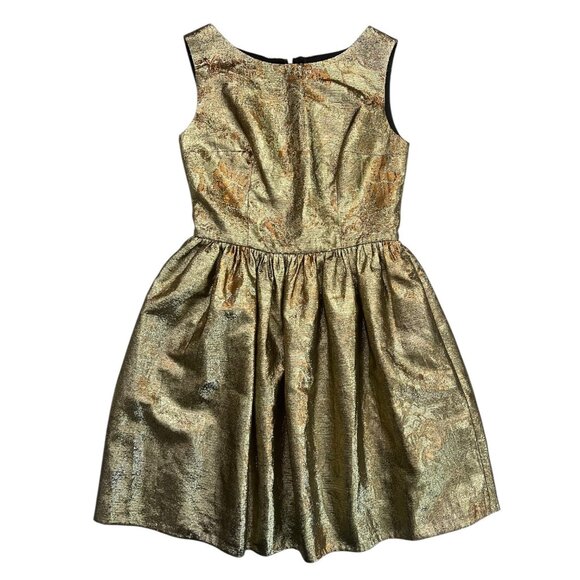 Johanna Johnson Metallic Fit & Flare Dress Gold 6 Party Cocktail Holiday NYE - Picture 1 of 10